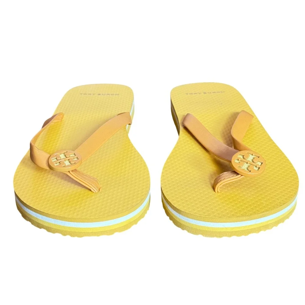 Tory Burch Yellow Tan Leather Mini Minnie Logo Flip Flop Sandals Womens Chic Sz9